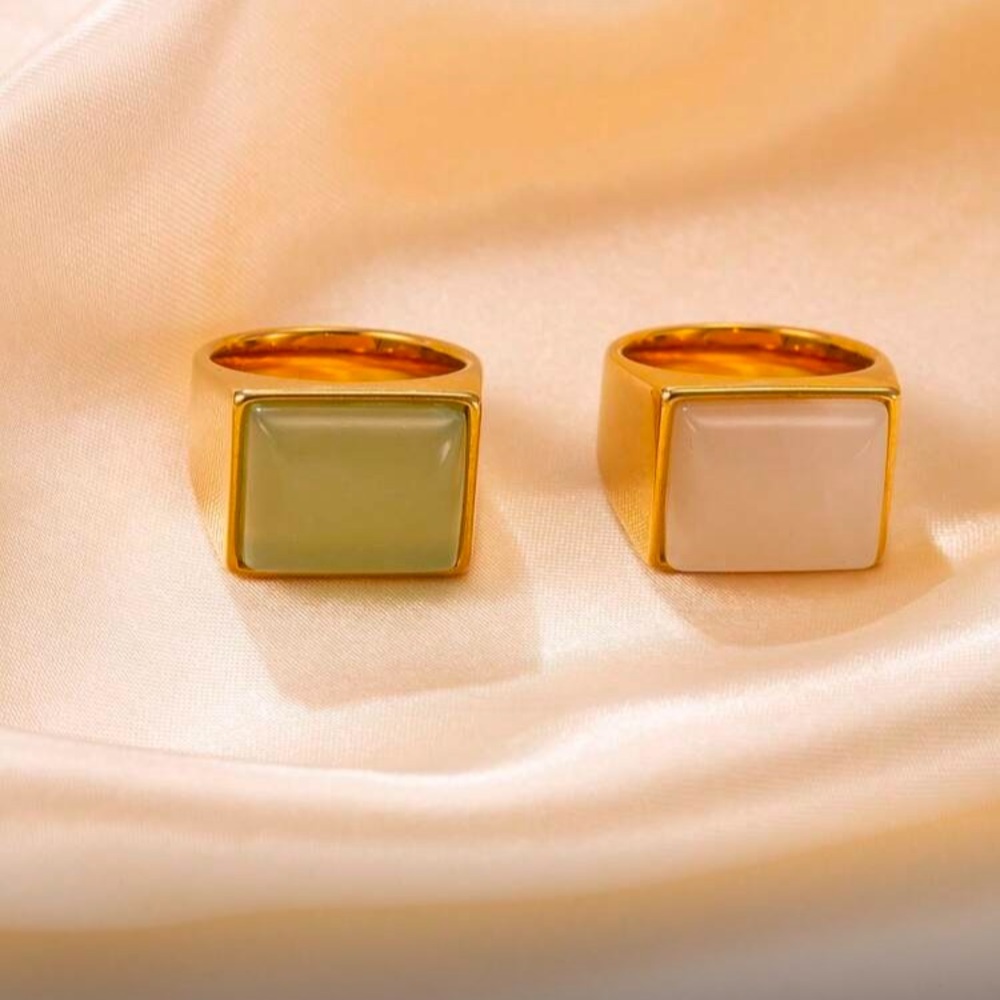 Gold Rectangle Stone Ring - Olive and Cream Options 2pcs Stainless Steel
